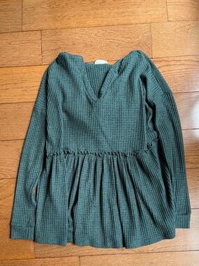 Peach Love California Hooded Waffle Knit Babydoll Top Dark Green Long Sleeve